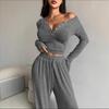 Women's 2 Piece Lounge Sets Long Sleeve Button Up Crop Top Wide Leg Pants Matching Outfit Casual Fall Spring Tracksuits