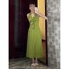 French green v-neck ruffle leaf edge floral neck dress, gentle temperament, waist-wrapped hip-split long dress