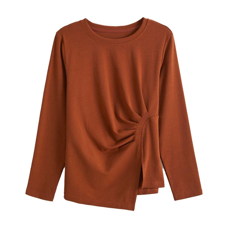 Unregelmäßig plissiertes Langarm-T-Shirt für Damen, Unterhemd, Herbstmantel, lockeres Schlankheits-T-Shirt, Nischendesign, Schlitzoberteil