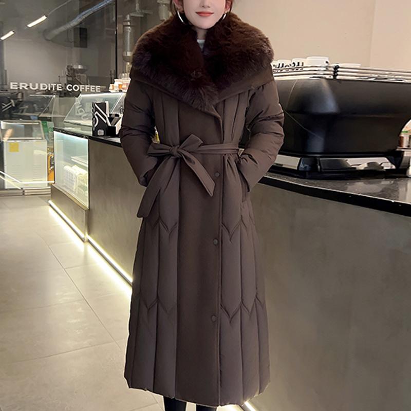 Plussstørrelse L-7XL Mote Vinterjakker Dame Lang Parkas Hette Stor Fuskepelskrage Løs Tykk Varm Overfrakk Casual Damekåper Med Belte
