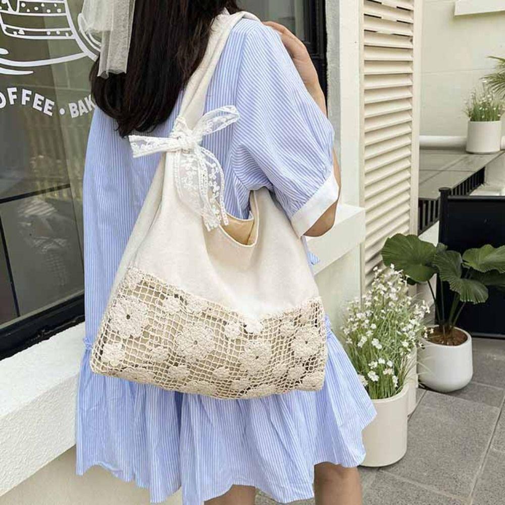 Tote Bag Flower Beach Bag Hollow Out Hollow Shoulder Bag Simple Solid Color Woven Bag  Girls