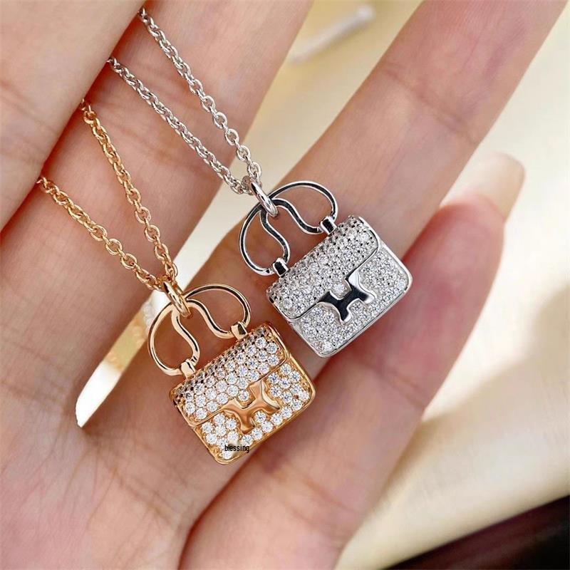 Kang Kang Luxury H Bag Necklace: Sterling Silver & 18K Rose Gold Diamond Pendant for Women
