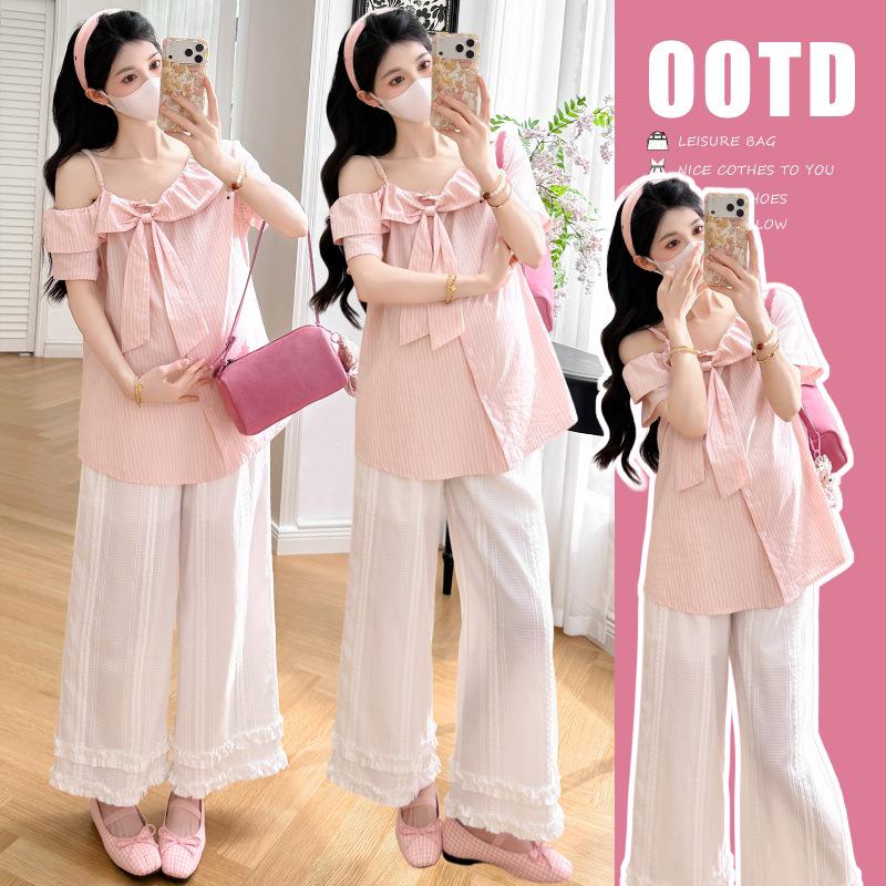 2026 Summer Chic Pink Off-Shoulder Shirt & Textured White Pants Set L