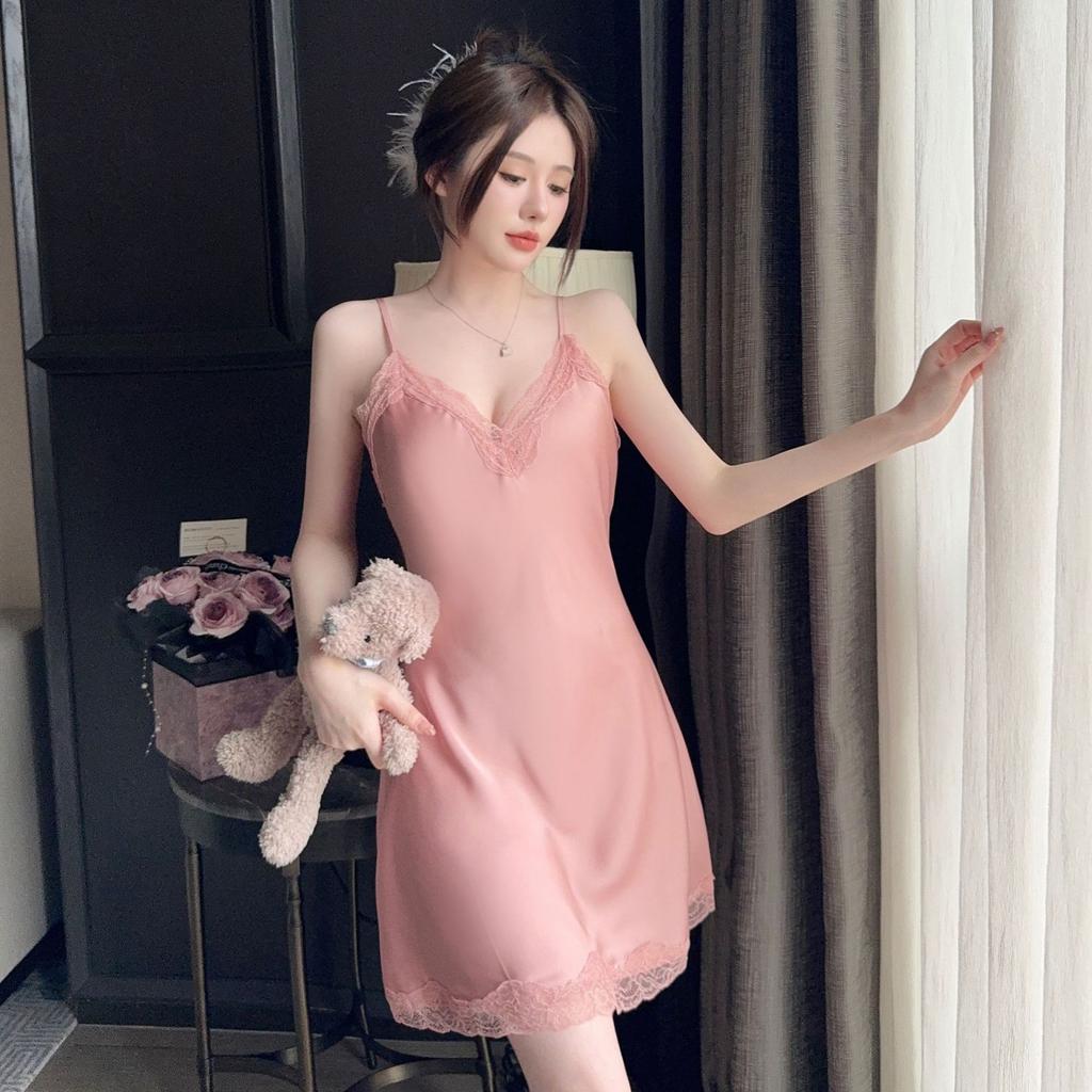 Sexy pajamas ice silk summer thin style with chest pad new pure desire French lace silk suspender nightdress