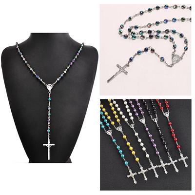 Fashion Vintage Crucifix Jesus Virgin Mary Pendant Cross Necklace Rosary Beads Chain