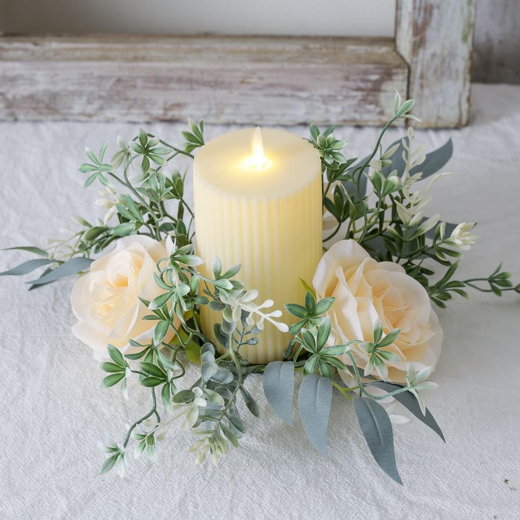 Artificial Rose Candle Ring Pillar Candles Greenery Flower Wreath Seasonal Candle Ring For Wedding Centerpiece Holiday Decor