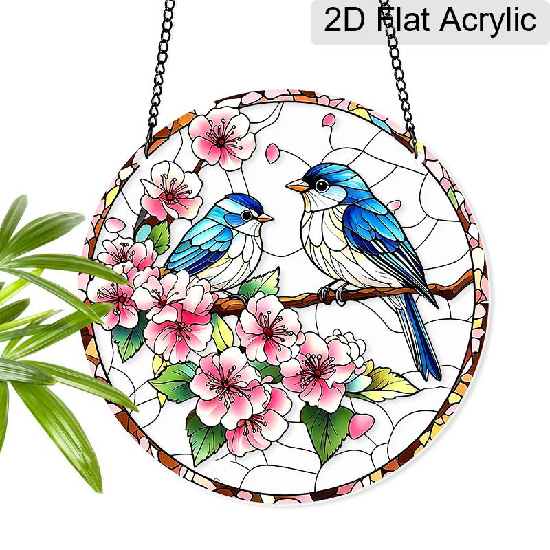 2D Flat Acrylic Peach Blossom Birds Suncatcher Decorative Hanging Ornament, 7.87/11.81inches Love Birds Home Window Porch Wall Garden Tree Decor