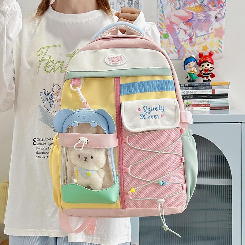 Schoolbag Macaron Contrast Color Backpack Female Junior High School College Student Large Capacity Multi-compartment School Bag Transparent Window