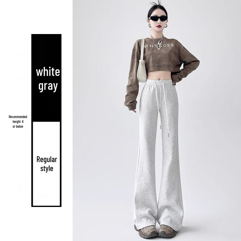 Petite High Waist Flare Sweatpants for Women - White/Grey, Slimming Horseshoe Design, Drawstring, American Style, Spring/Autumn.