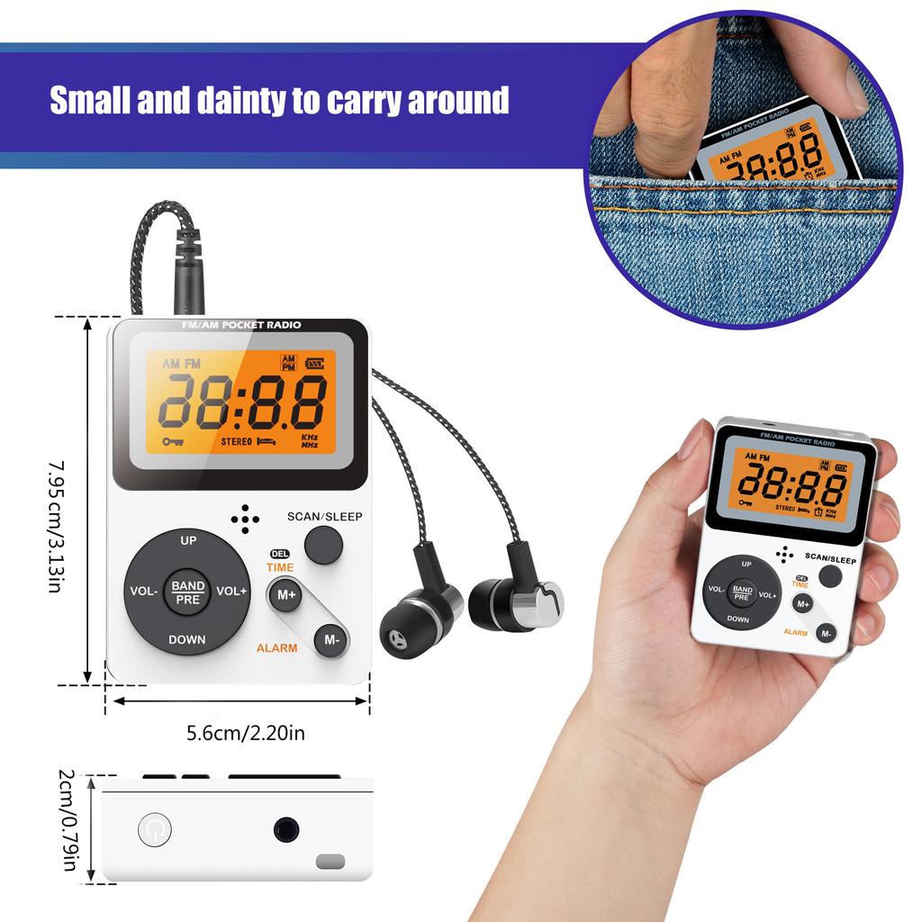Pocket AM FM Radio Portable Reception Battery Powered Digital Tuning Radio with Stereo Earphone Large LCD Screen