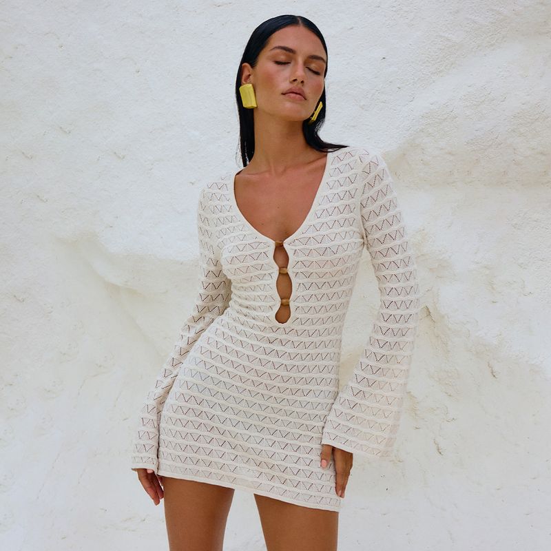 

European and American Beach Skirt Women Solid Sexy Sheath Knitted Beach Bikinis Sun-Protective Clothing Sexy Short Skirt Beige White S