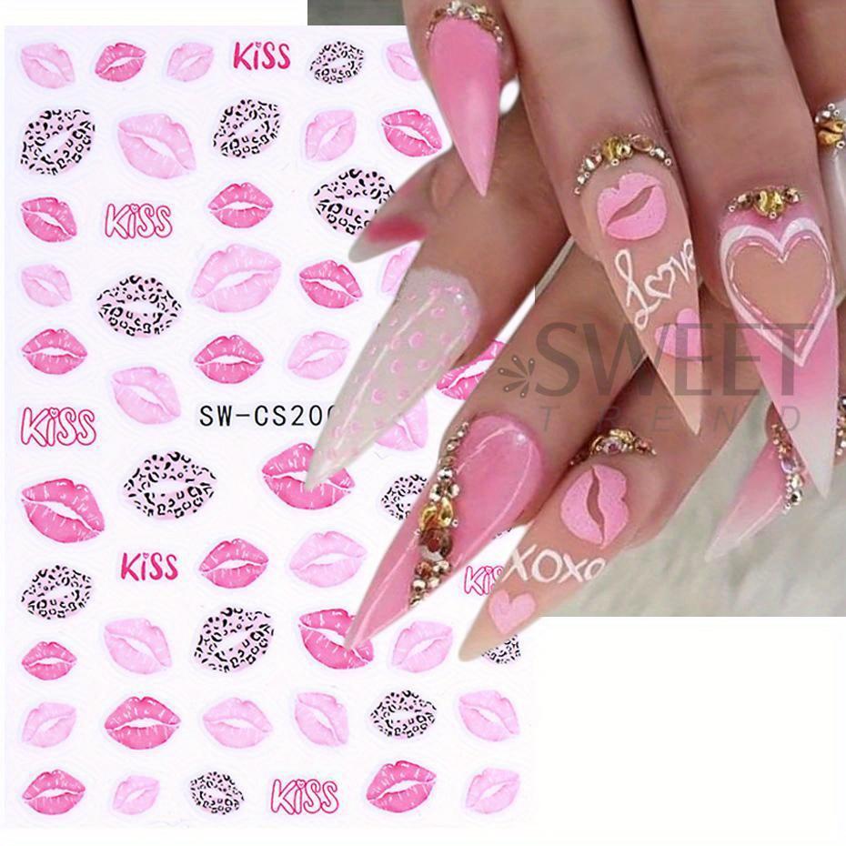 3D Sexy Lips Stickers Leopard Print Love Heart Letter Pink Rose Red Lips Valentines Manicure DIY Romantic Nail Decoration