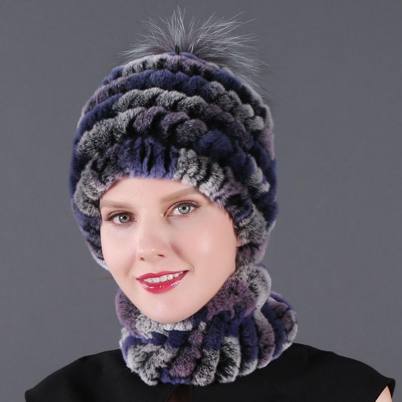 New hat scarf winter thickened thermal hat Rex rabbit fur grass Rex rabbit fur scarf two-piece set