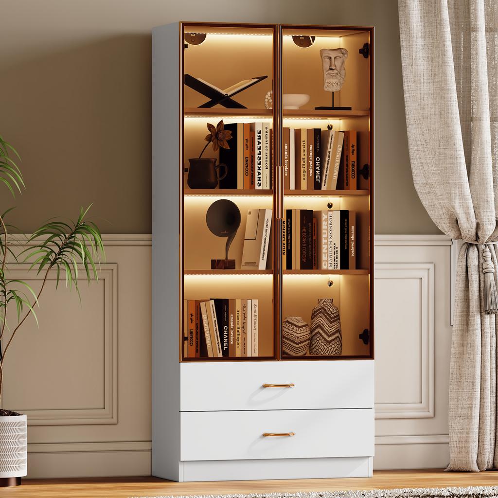 Mobile da Bagno, Medio, con Striscia Luminosa, 75 cm di Larghezza, con 2 Cassetti Grandi e 2 Ante, Porta in Vetro