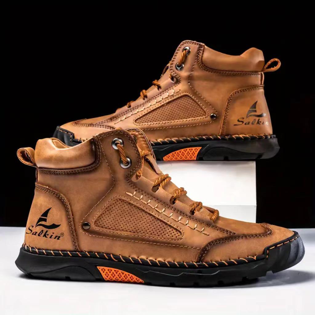 Men's High-Top Martin Boots: Large Size Leather, Handmade Stitching for Autumn/Winter