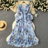 Women Sweet V Neck Lantern Sleeve Vintage Print French Style Slim Fit Chiffon Dresses Dresh Pleated Big Swing Robe Dress