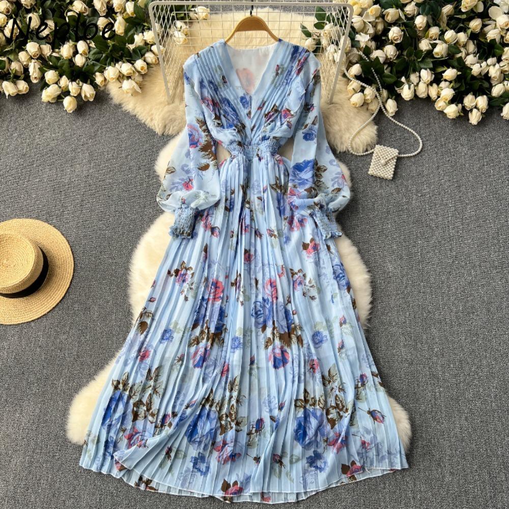 Kobiety słodkie dekolt w serek latarnia rękaw vintage print francuski styl slim fit szyfonowe sukienki dresowe plisowane duży rozkloszowany szlafrok sukienka