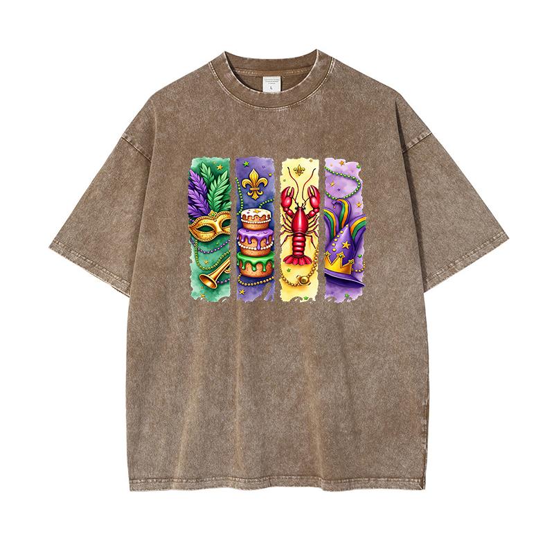 Oversized Mardi Gras Graphic Washed T-Shirt Summer Cotton Carnival Print Tees Holiday Vintage Street Party Man Clothes