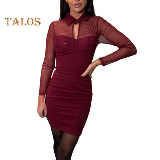 

Женское платье с ажурной сеткой в стиле пэчворк, облегающее мини-платье из двух частей с отложным воротником, эластичное короткое платье для выпускного вечера в клубе S вино красного