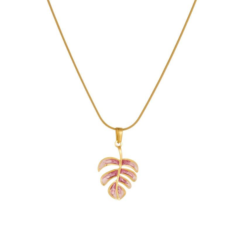 Gold Snake Bone Chain Necklace with Enamel Monstera Leaf Pendant for Women