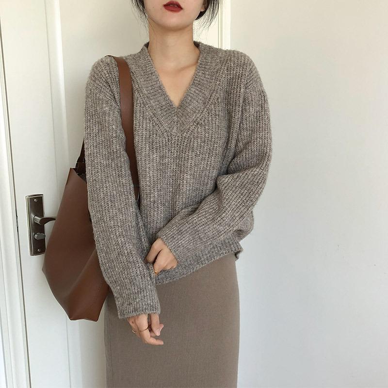 Outono Manga Longa Solta Gola V Pulôver Suéter para Mulheres Moda Sólida Inverno Novo Vintage Suéteres de Malha Senhoras Elegante Base Quente Malhas 25047