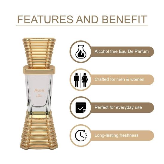 Ajmal Zeal EDP Parfum Aquatique Boisé 100ml pour Homme et Aura Huile de Parfum Concentrée Florale Fruitée Sans Alcool Attar 10ml pour Unisexe