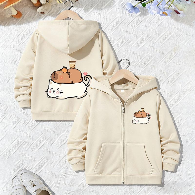 Hoodie Capybara Jacket Kids Boys Girls Zipper Spring and Autumn Trendy Animal Cartoon Sweatshirts Zip Up Casual