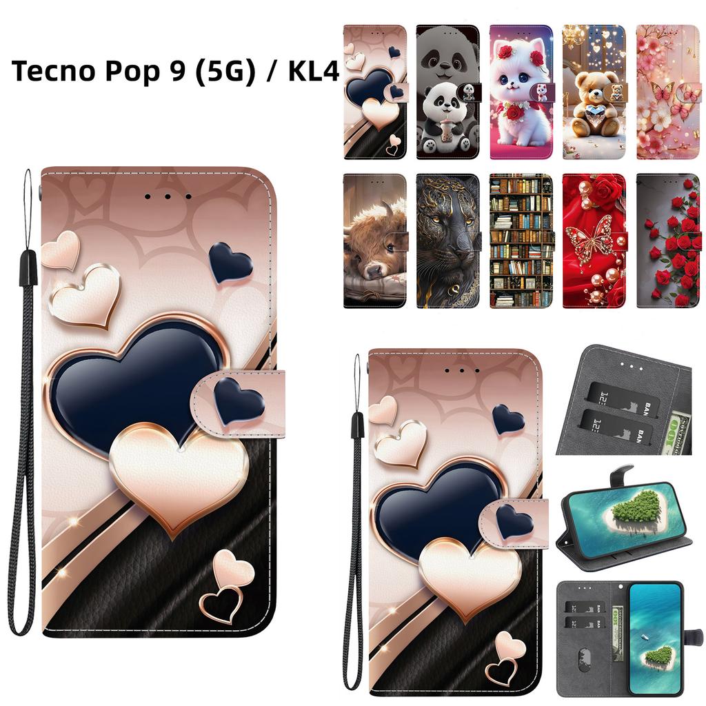 Handmade PU Leather Flip Case for Tecno Pop 9 (5G) / KL4 Anti-Slip Shockproof Cover with Wrist Strap & Heart/Rose Cat Designs