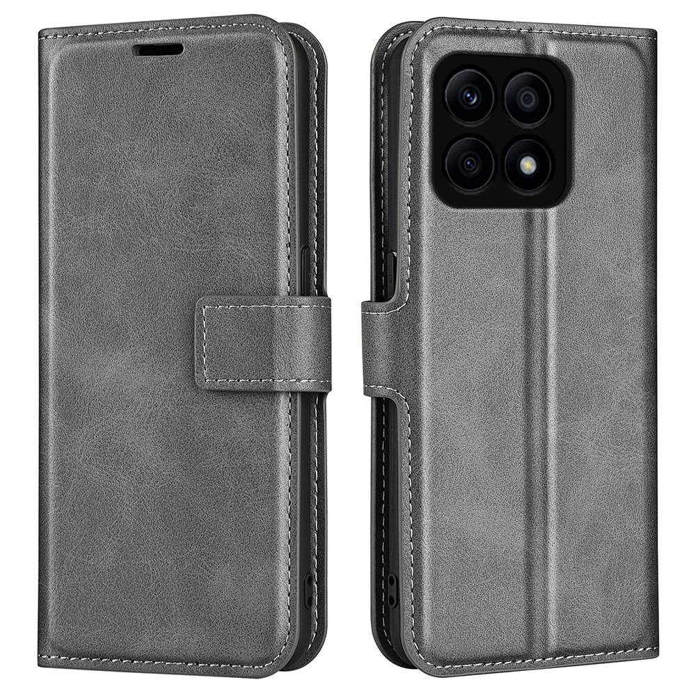 

For Honor X8a 4G Calf Texture Stand Wallet PU Leather Case Square Magnetic Closure Flip Phone Cover Grey
