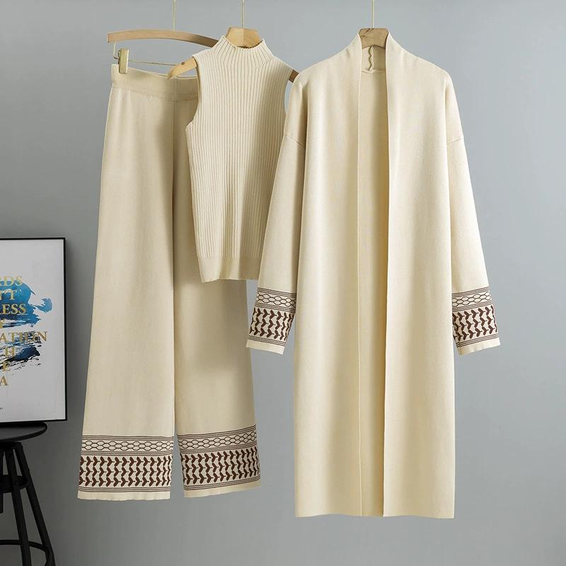 Korean Design Elegant Knitted 3 Piece Sets Women Knit Vest Sweater Long Cardigan Tops Conjuntos High Waist Wide Leg Pants Outfit