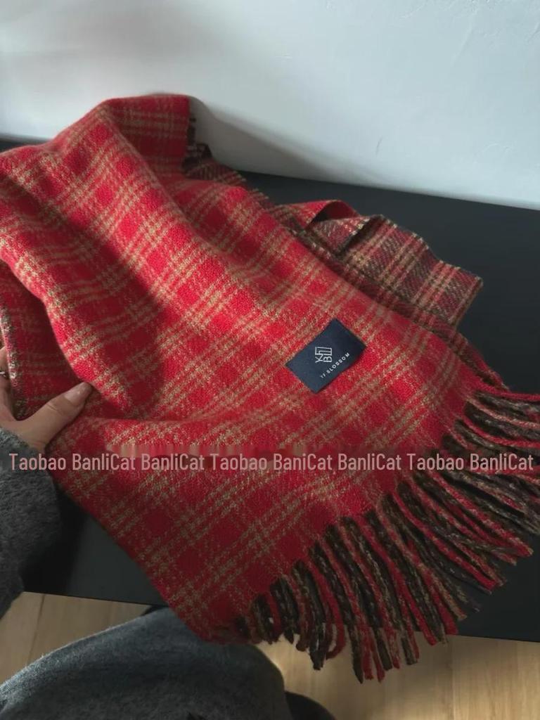 2024 Women's Korean-Style Blue & Brown Plaid Double-Sided Winter Scarf