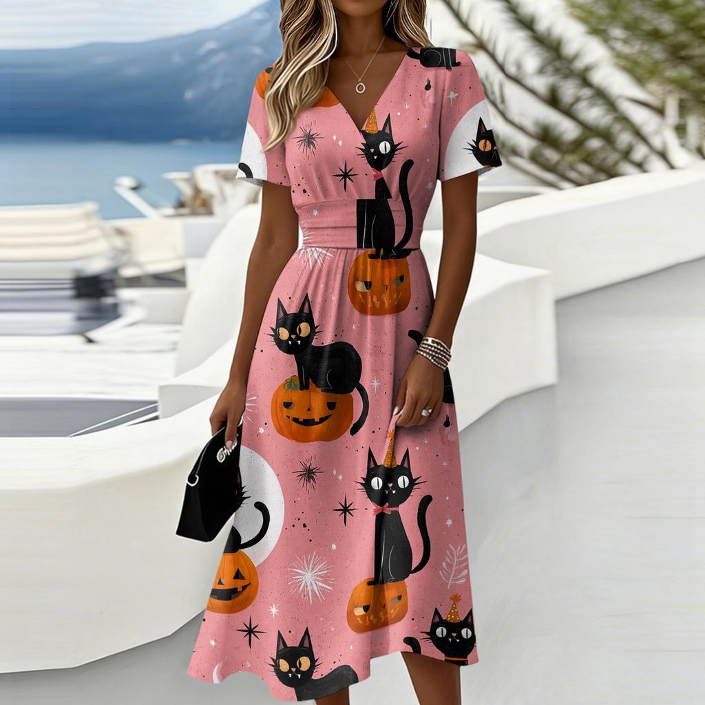 Women's Halloween Print Casual Short Sleeve V Neck Midi Dress with Elastic Waist and Relaxed Fit Suitable for Seasonal Wear