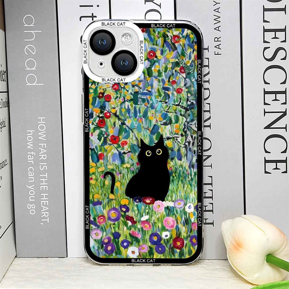 Retro Oil Painting Van-Gogh Flower Art Cat Phone Case for IPhone 16 15 11 13 12 Mini 14 Pro Max 7 8Plus SE X XS Soft Cover Shell