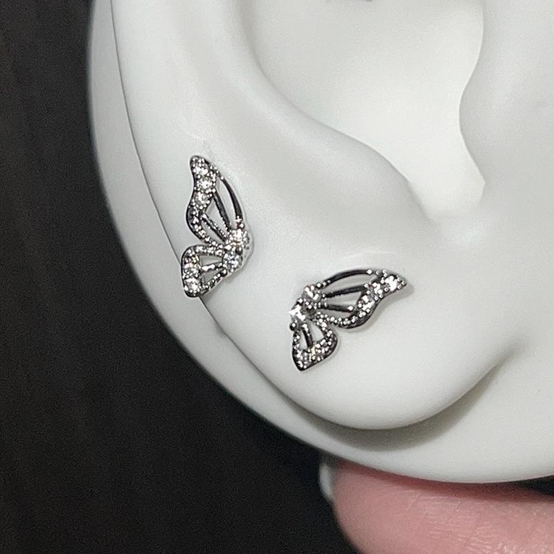 Asymmetrical Double Ear Cuff Studs with Diamond-Like Half Butterfly Wings
