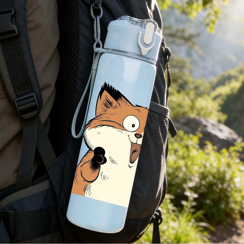 1PC Excited Fox Cartoon Illustration 750ml Color Plastic Sports Water Bottle Leakproof Flip Straw Lid Suitable for Sports Office Home Use
