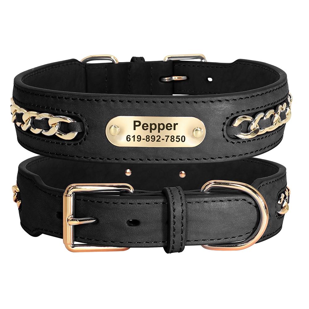 

Personalized Dog Collar Durable Leather Dogs ID Collars With Anti-lost Name Tag Chain Accessories for Small Medium Large Dogs M чёрный