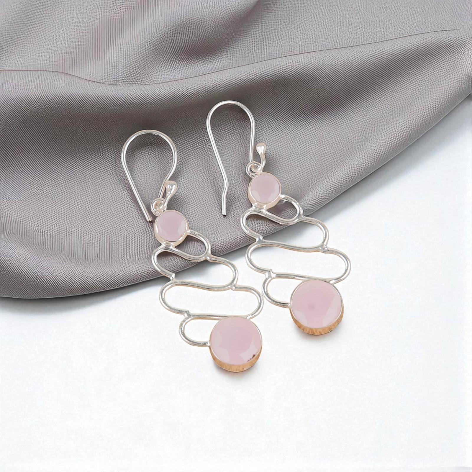 

Rose Chalcedony Gemstone 925 Sterling Silver Jewelry Handmade Hook Earrings2.13 EE-84-14