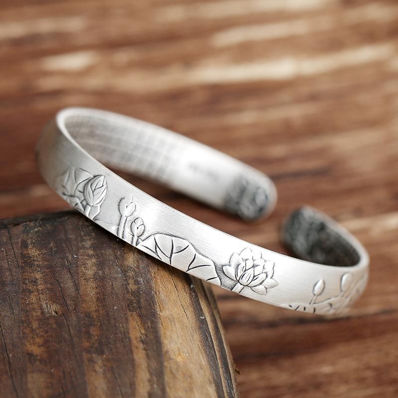 S999 Sterling Silver Lotus Heart Sutra Bracelet - Matte Silver Tassel, Openable Bangle for Women