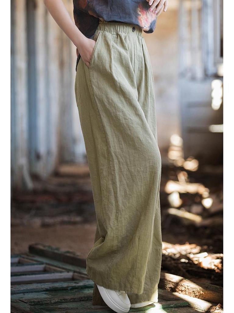 Ramie Cotton Women's Loose Casual Sand Wash Pants - Spring 25 Linen Straight Leg Long Pants 