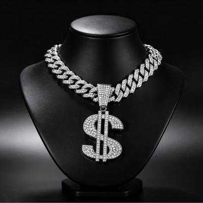 Unisex Trendi Gyémánt Dollárjel Medál Kubai Lánccal - Európai/Amerikai Hip Hop Rap Kiegészítő