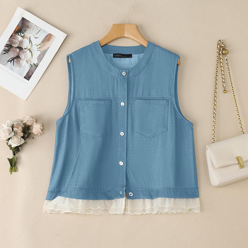 ZANZEA Women Casual Round Neck Summer Sleeveless Lace Patchwork Tank Tops