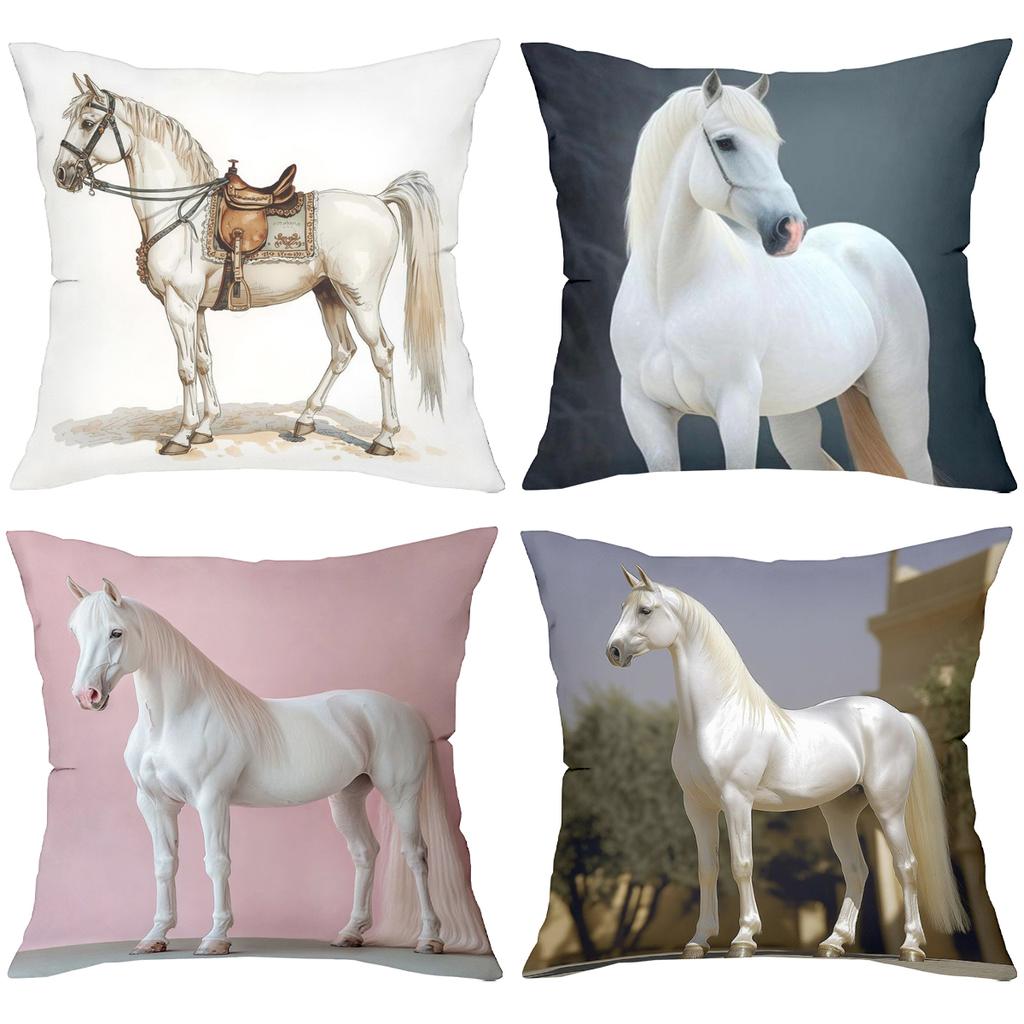 White Horse Printed Decorative Cushion Covers for Home Polyester Pillowcase, Sofa Decorative Cushion Cov Headboard Pillow