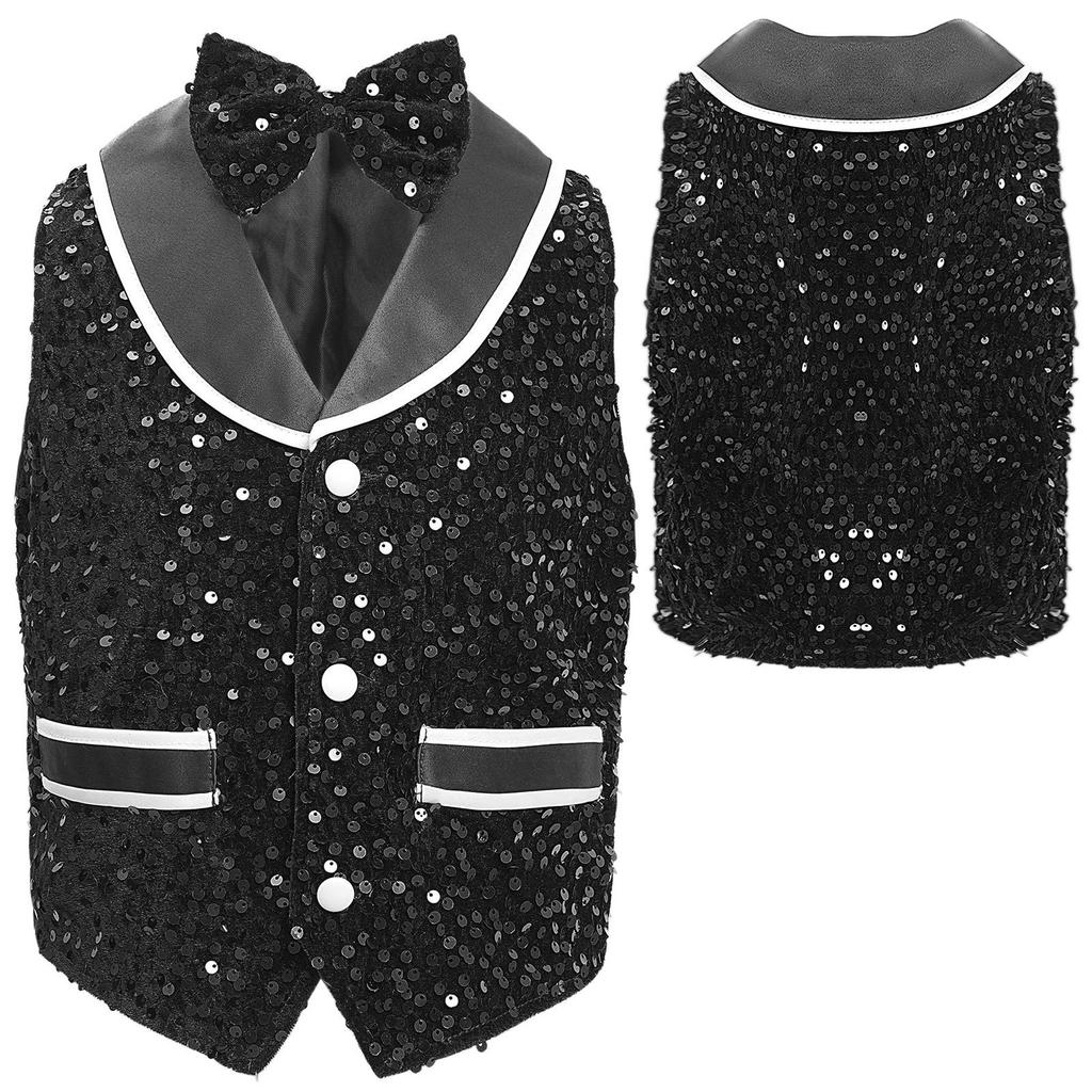Kids Performance Vest Sparkling Sequins Velvet Buttons Irregular Hem with Bowtie Costume