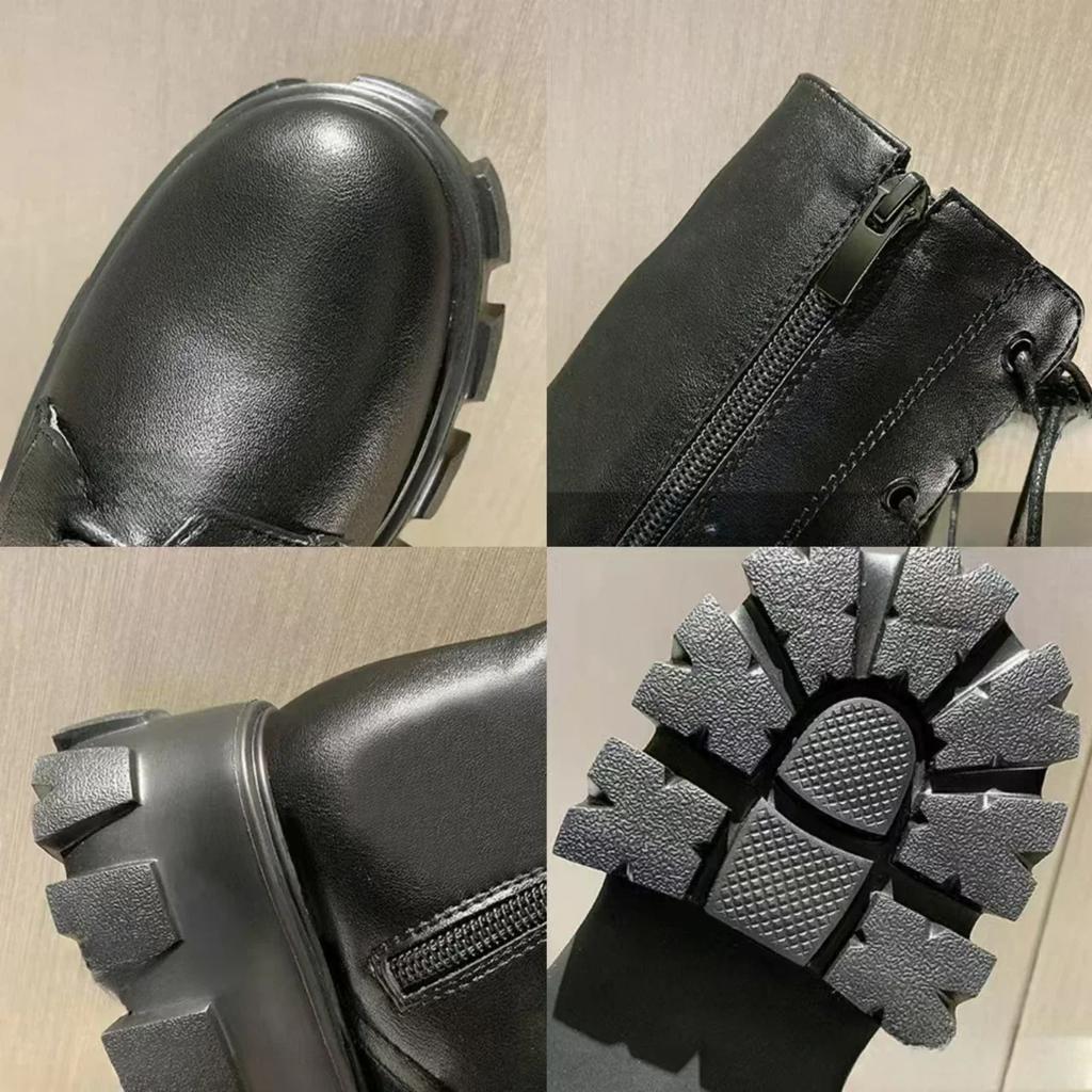 Mid Calf Boots Lace-up Women's Boots Pu Leather Platform Boot Non-Slip Zipper Ankle Boots Fashion Chunky Heel Women Shoes