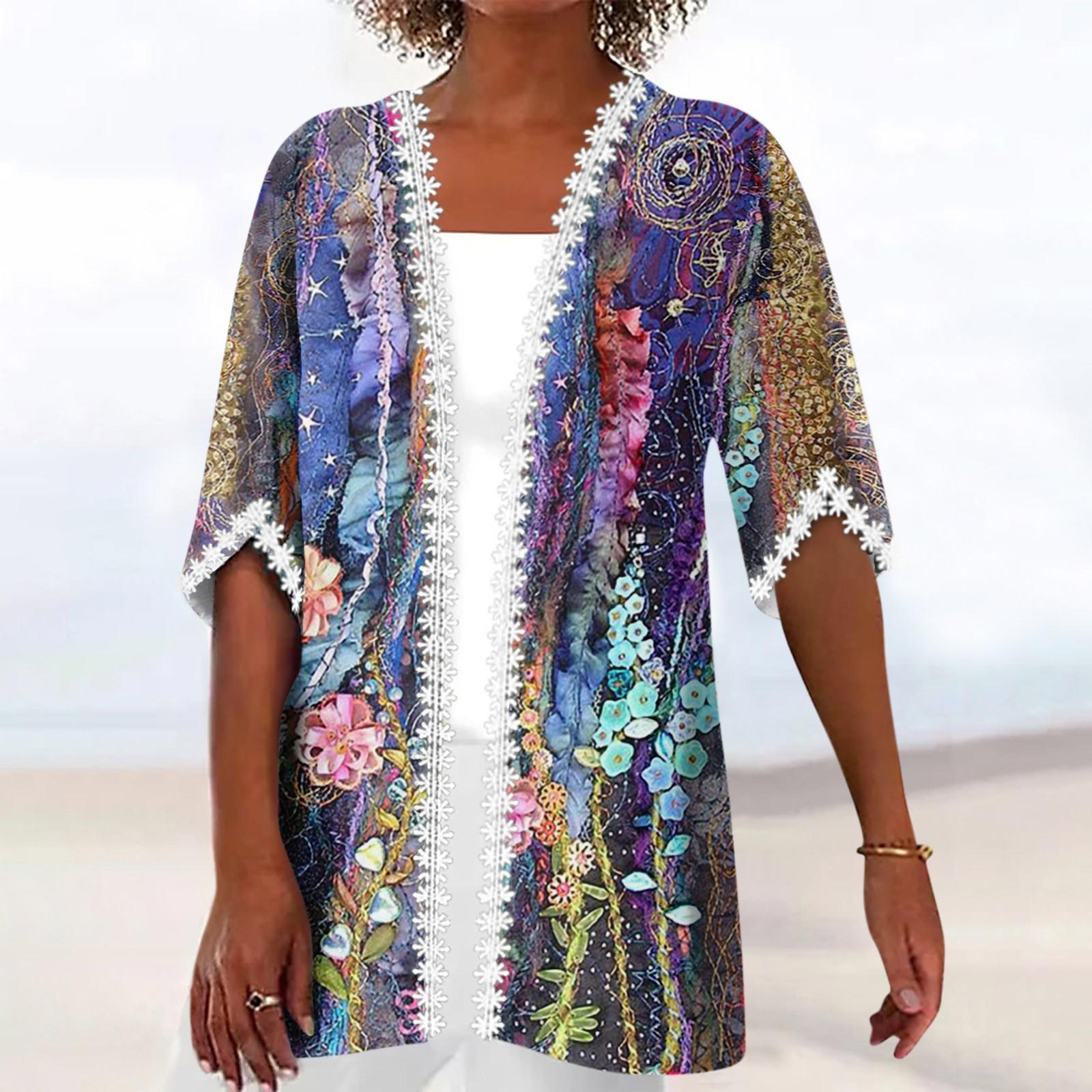 

Женская рубашка Блузка Верхняя одежда с принтом и рукавами до половины длины Повседневные праздничные базовые кружевные топы L фиолетовый