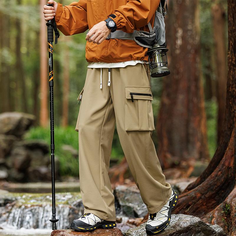 Spring Autumn Drawtring Waist Wide Leg Solid Pants Men Loose Casual Vintage Cargo Trousers