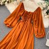 Chic Gentle Wind Dress Autumn Women's French Vintage Square Neck Magenta Bubble Sleeve Dress