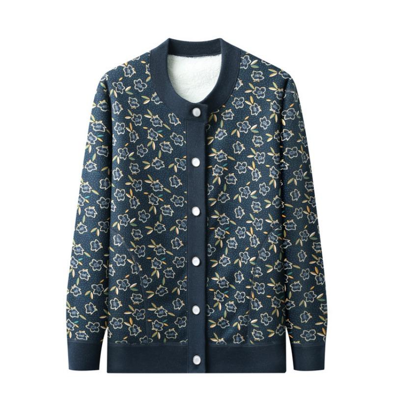 

Middle-aged autumn new velvet knitted sweater jacket female grandma thickened top year-old 0 crew neck cardigan sweater 4XL (recommended 130-72.5 kg)