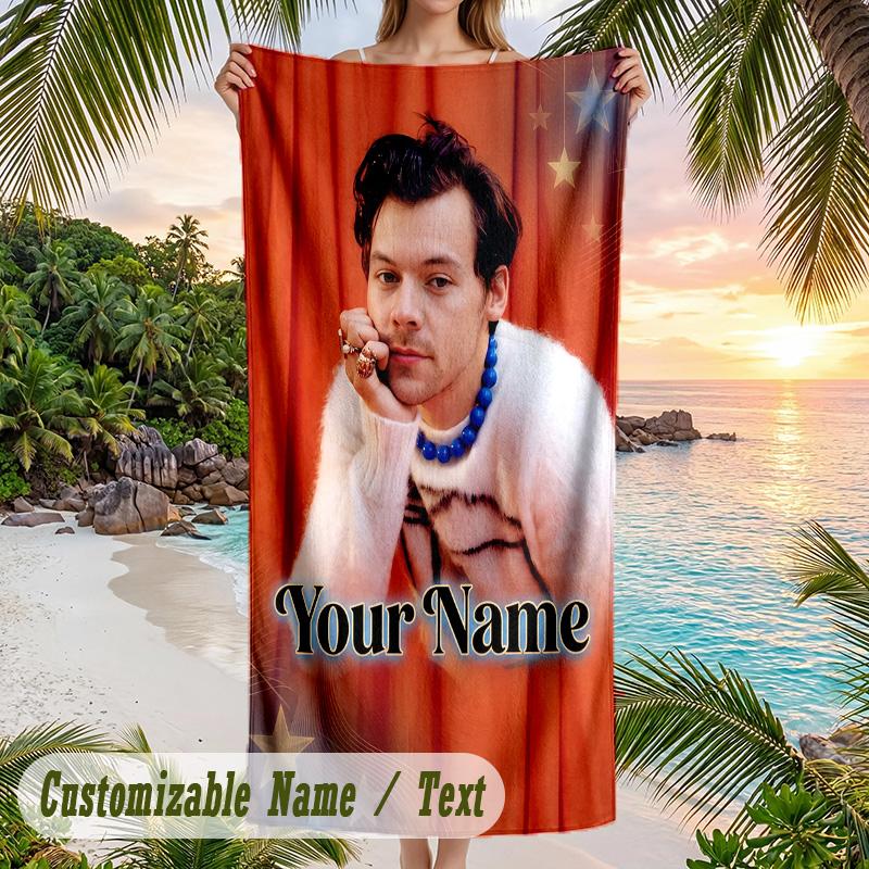 Harry Styles Beach Towel, Personalized Custom Name Text, Quick Dry Large Absorbent Towel For Beach Pool