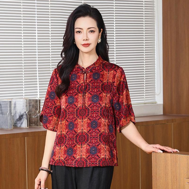 Hualuo Fragrant Cloud Yarn Shirt Mother Outfit Summer Retro Stand-up Collar Silk Shirt Medium Sleeve Silk Top Women